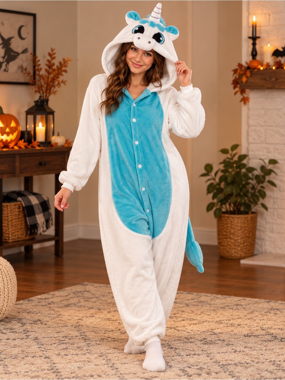 Adult Unicorn Halloween Costume Plush Hooded Onesie Size L